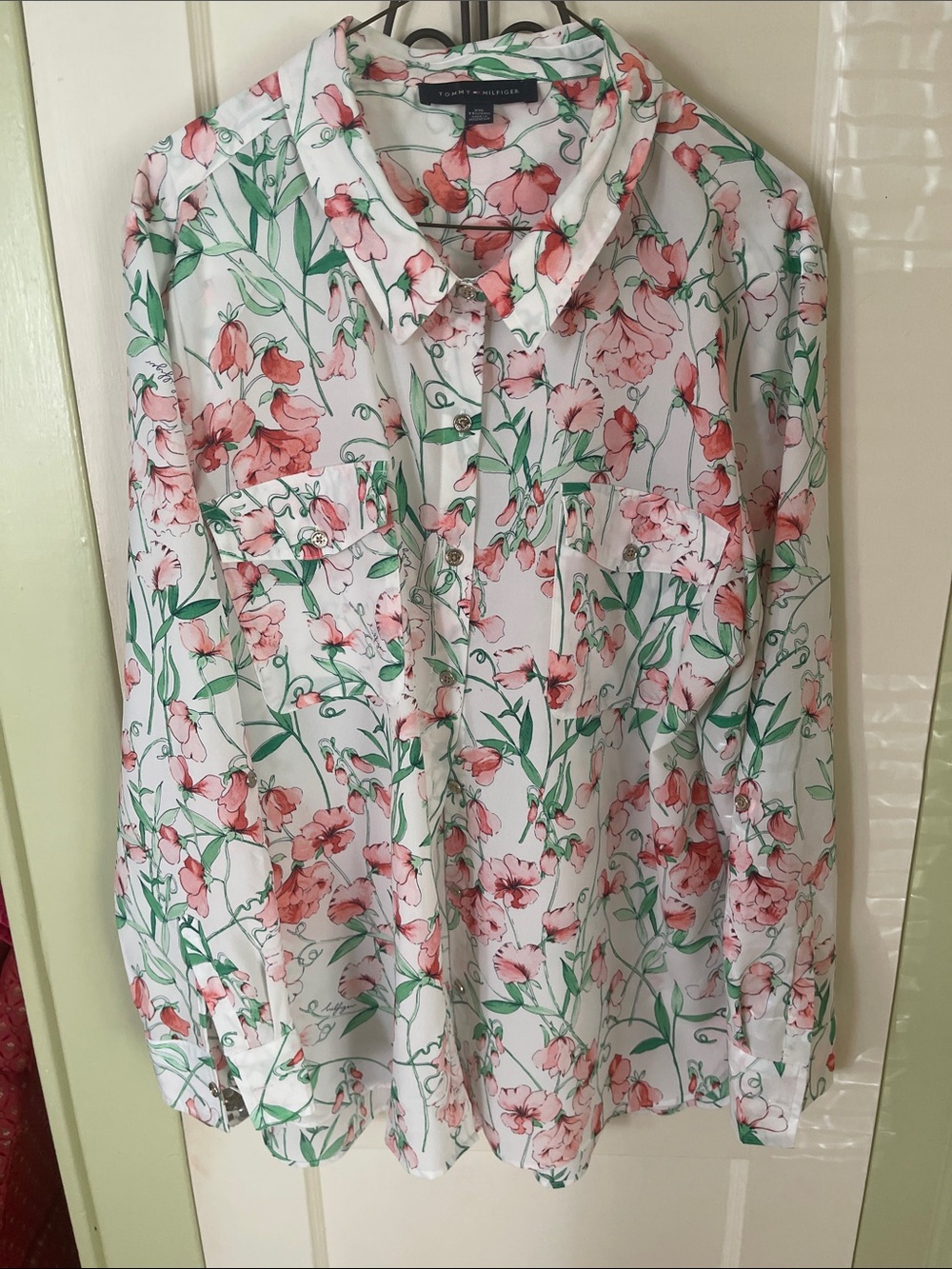 Tommy Hilfiger White Button-Down Shirt with Pink Floral and Green Leaves